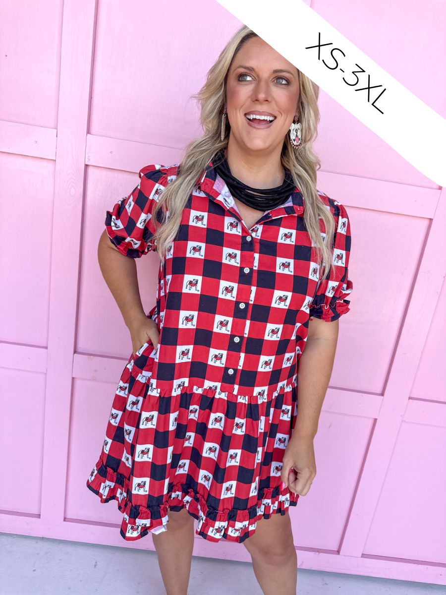 Stewart Simmons Gingham Ruffle Dress Georgia® UGA Bulldogs Dawgs midi womens boutique Jincy's 