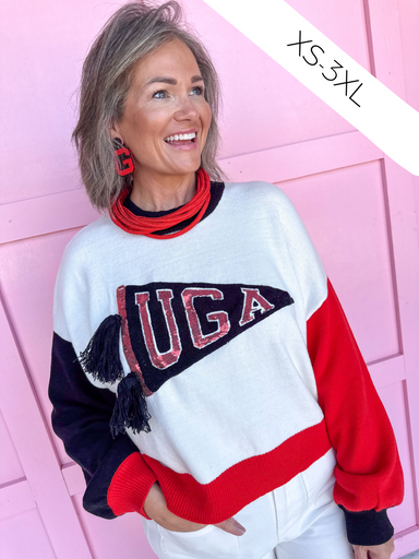 QUEEN OF SPARKLES UGA® Pennant Sweater Bulldogs Dawgs womens boutique Jincy's 