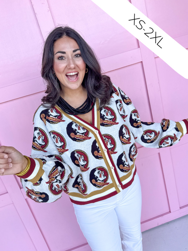 QUEEN OF SPARKLES Florida State® Knit Mascot Cardigan FSU Seminoles womens boutique Jincy's