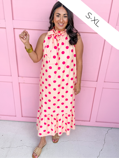 Jincy's Women's Boutique Spring Styles Peach Pink Polka Dot Maxi Midi Dress