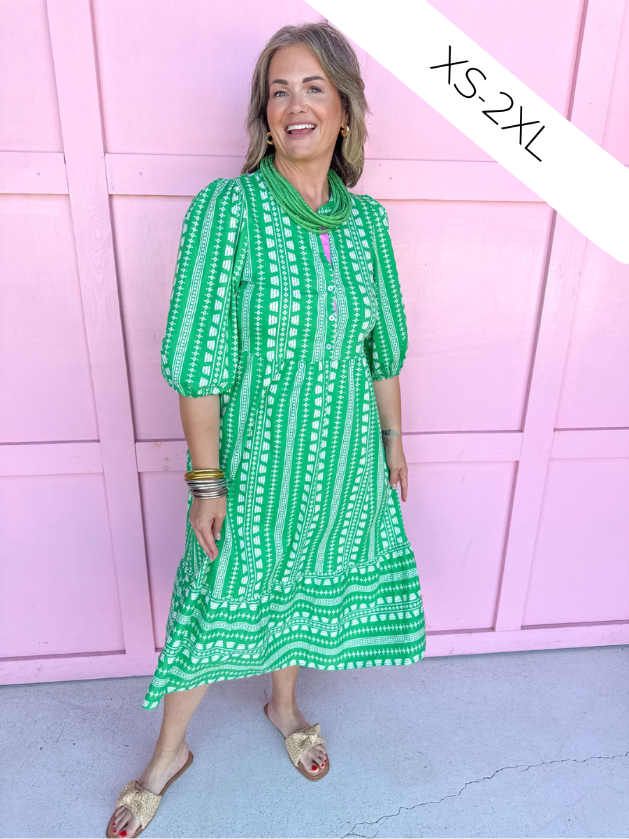 Elastic Cuffs Button Front Has Pockets Tiered Midi dress green white pink accent mary square plus size womens boutique jincy's