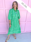 Elastic Cuffs Button Front Has Pockets Tiered Midi dress green white pink accent mary square plus size womens boutique jincy's
