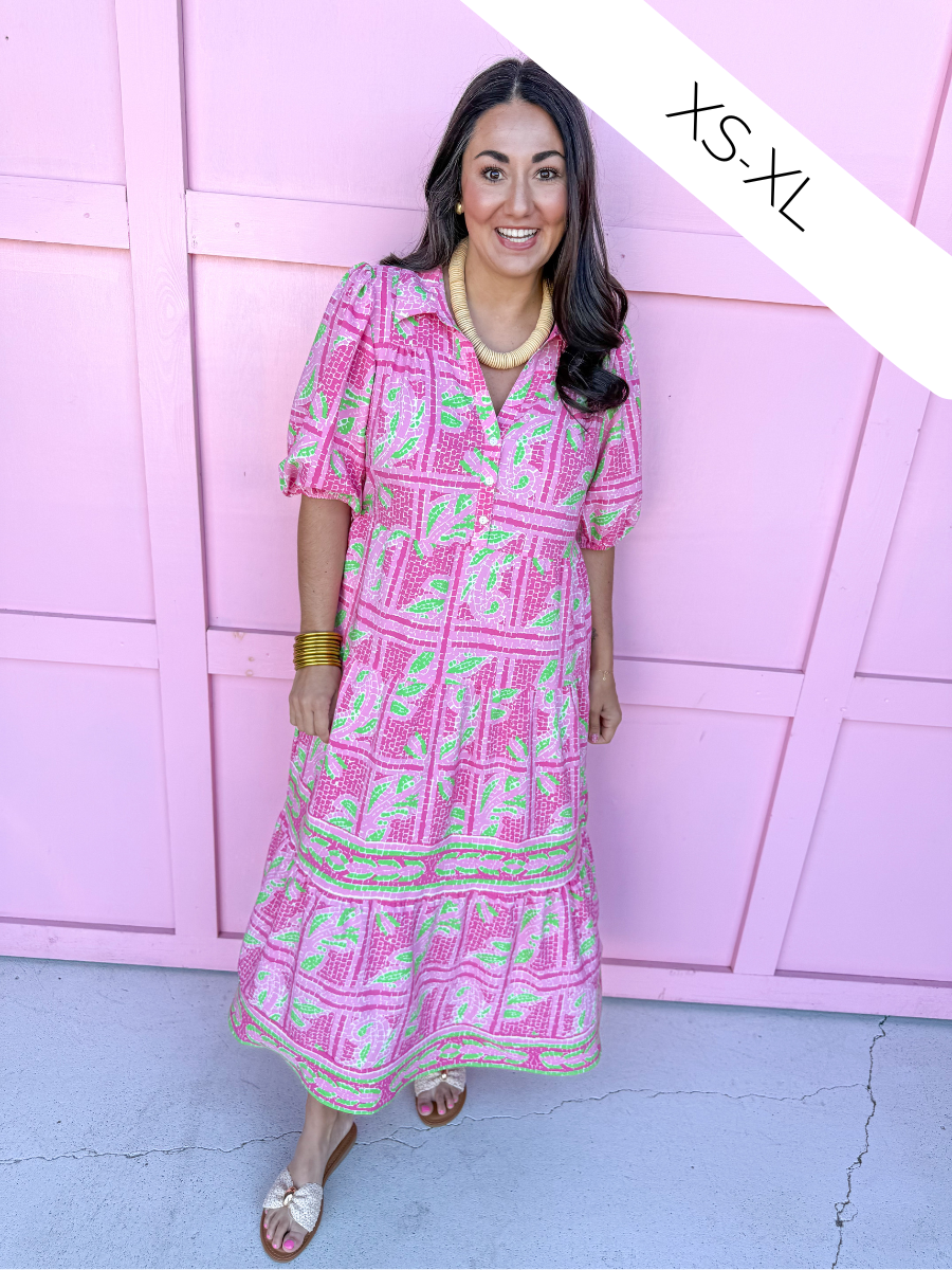 Jincy's Women's Boutique Mary Square Eloise Dress Trellis Tiles Pink Plus Size