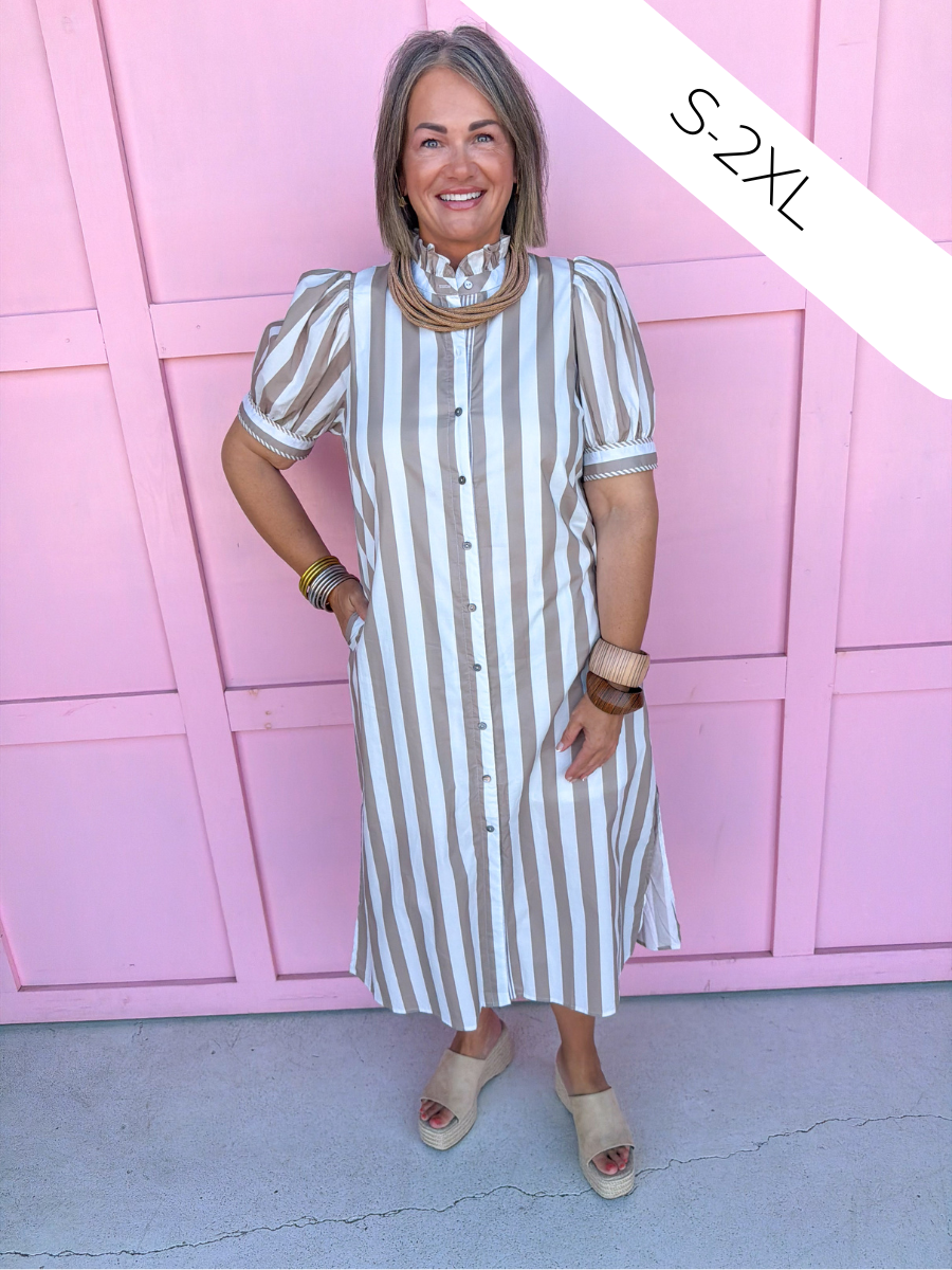 Pretty In Stripes Dress - Taupe