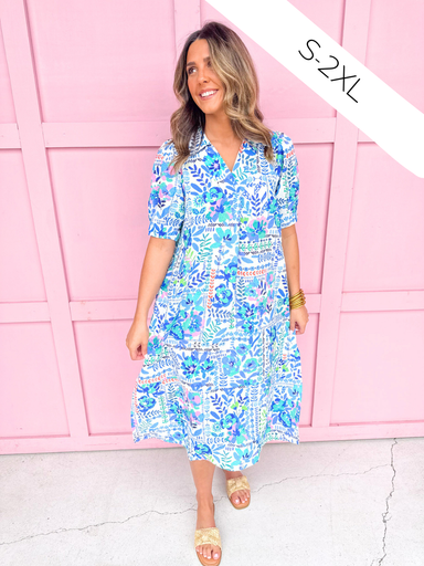 womens boutique dress maxi length side slits v neck floral colorful puff balloon sleeves jincy's 