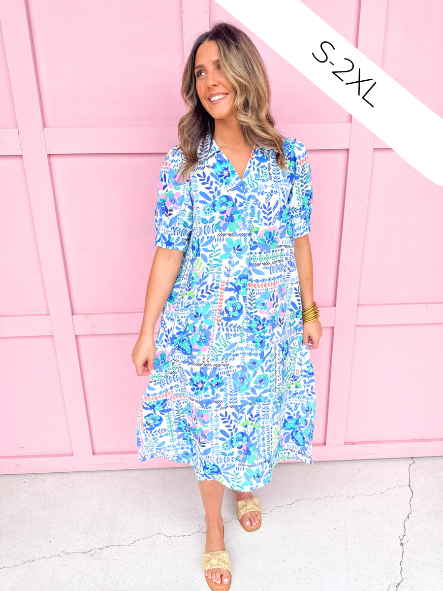 womens boutique dress maxi length side slits v neck floral colorful puff balloon sleeves jincy's 