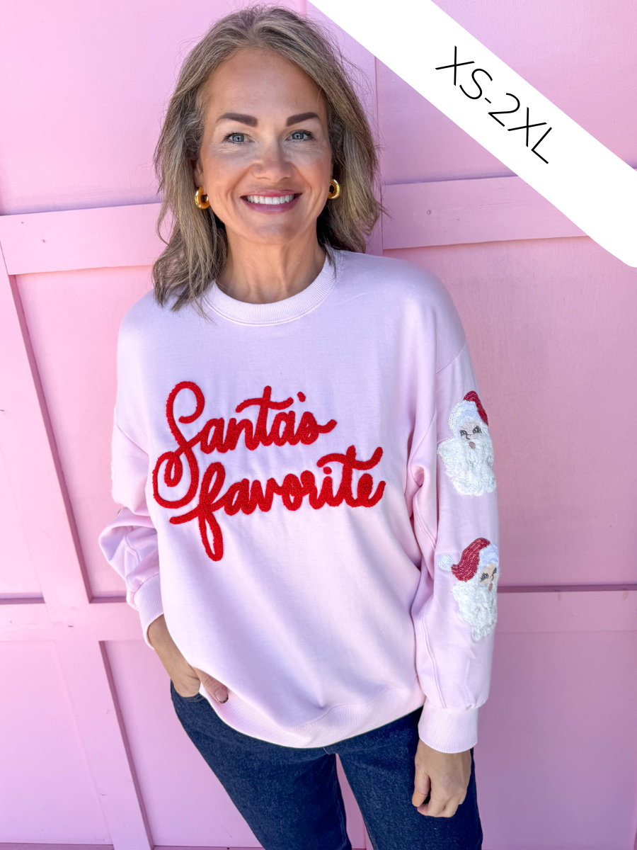 Mary Square Sarah Sweatshirt Santa's Favorite sleeve detail christmas womens boutique jincy's
