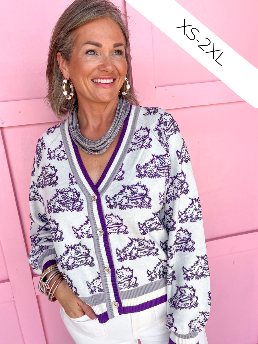 QUEEN OF SPARKLES TCU® Knit Mascot Cardigan Texas Christian University Horned Frogs womens boutique Jincy's