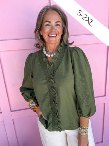 womens boutique ruffle collar ruffle neckline olive 3/4 length sleeve waffle material lightweight jincy's