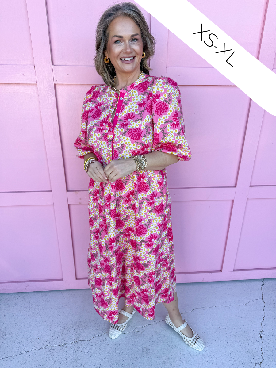 Jincy's Women's Boutique Mary Square Riley Pink Daisy Floral Midi Maxi Dress Plus Size