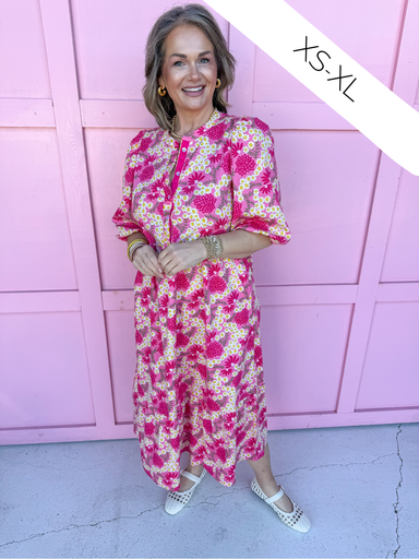 Jincy's Women's Boutique Mary Square Riley Pink Daisy Floral Midi Maxi Dress Plus Size