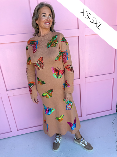 QUEEN OF SPARKLES Tan Multi Butterfly Knit Midi Dress womens boutique plus size jincy's 