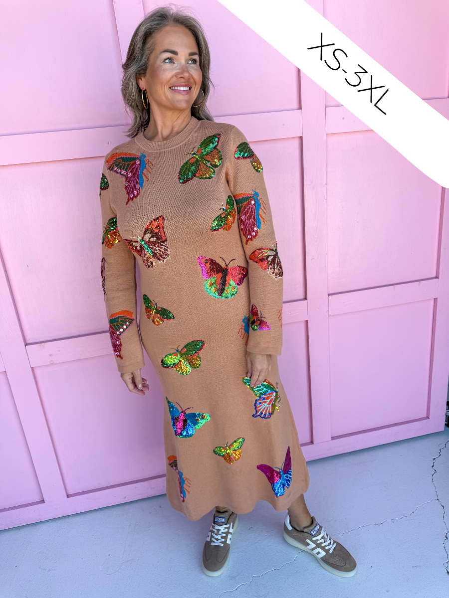 QUEEN OF SPARKLES Tan Multi Butterfly Knit Midi Dress womens boutique plus size jincy's 