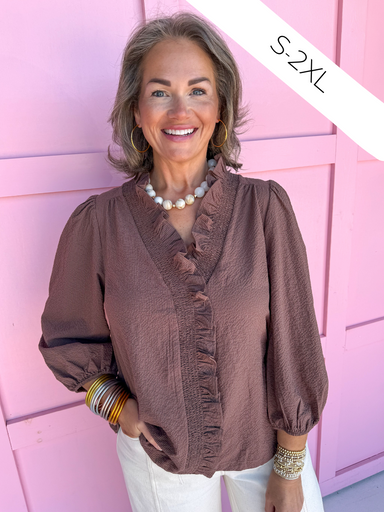 womens boutique ruffle collar ruffle neckline brown 3/4 length sleeve waffle material lightweight jincy's