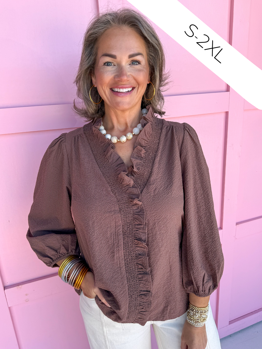 womens boutique ruffle collar ruffle neckline brown 3/4 length sleeve waffle material lightweight jincy's