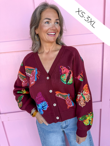 QUEEN OF SPARKLES Maroon Butterfly Button Up Cardigan womens boutique jincy's 