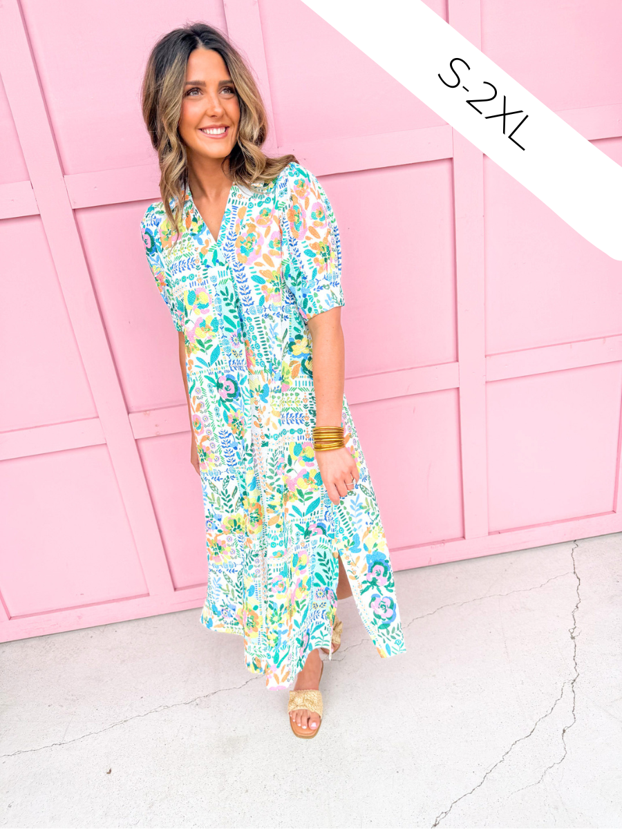 womens boutique dress maxi length side slits v neck floral colorful puff balloon sleeves jincy's 