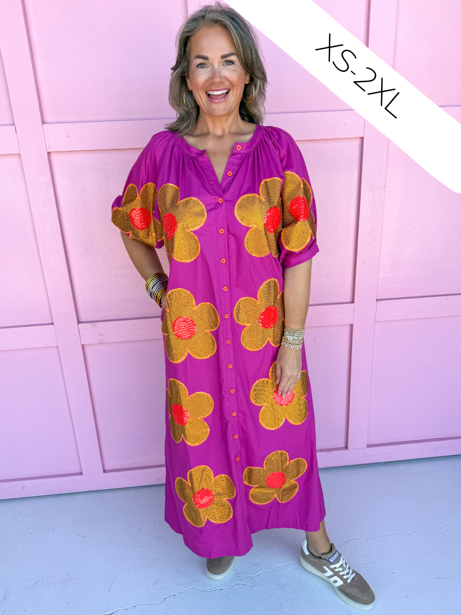 QUEEN OF SPARKLES Oversized Flower Button Up Maxi Dress womens boutique jincy's