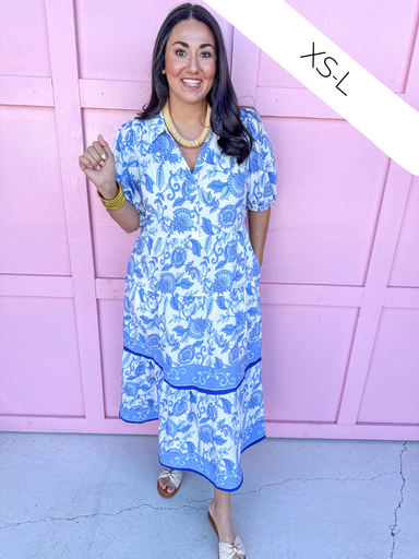 Jincy's Women's Boutique Mary Square Plus Size Eloise Dress Porcelain Vines Blue