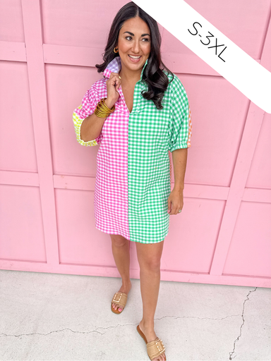 Jincy's Women's Boutique Adrienne Charlotte Dress Multi Seer Color Block Gingham Plus Size