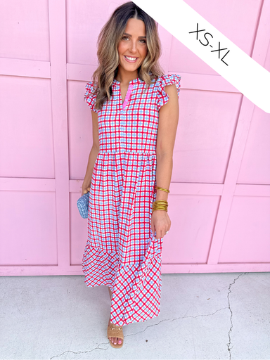 Mary Square Riley Flutter Sleeve Dress Gingham Red/Blue/White womens boutique jincy's