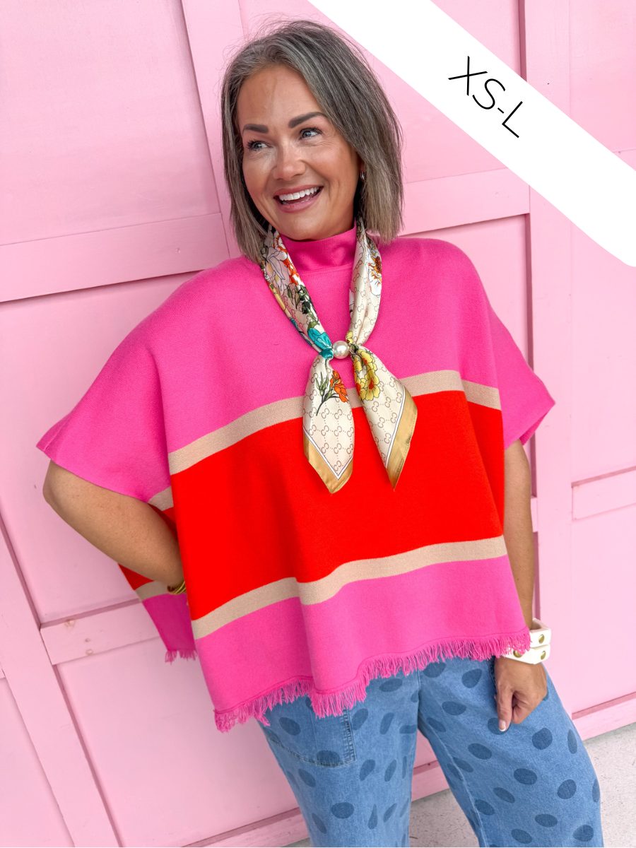 Color Block Fringe Poncho - Pink