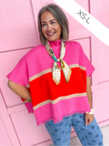 Color Block Fringe Poncho - Pink