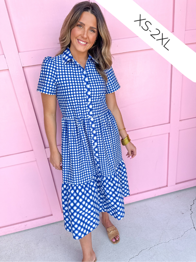 Mary Square Jema Dress Navy Mix Gingham blue white tiered short sleeves button front womens boutique jincy's