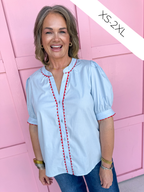 Mary Square Elaine Top Light Blue red ric rac puff sleeves womens boutique jincy's