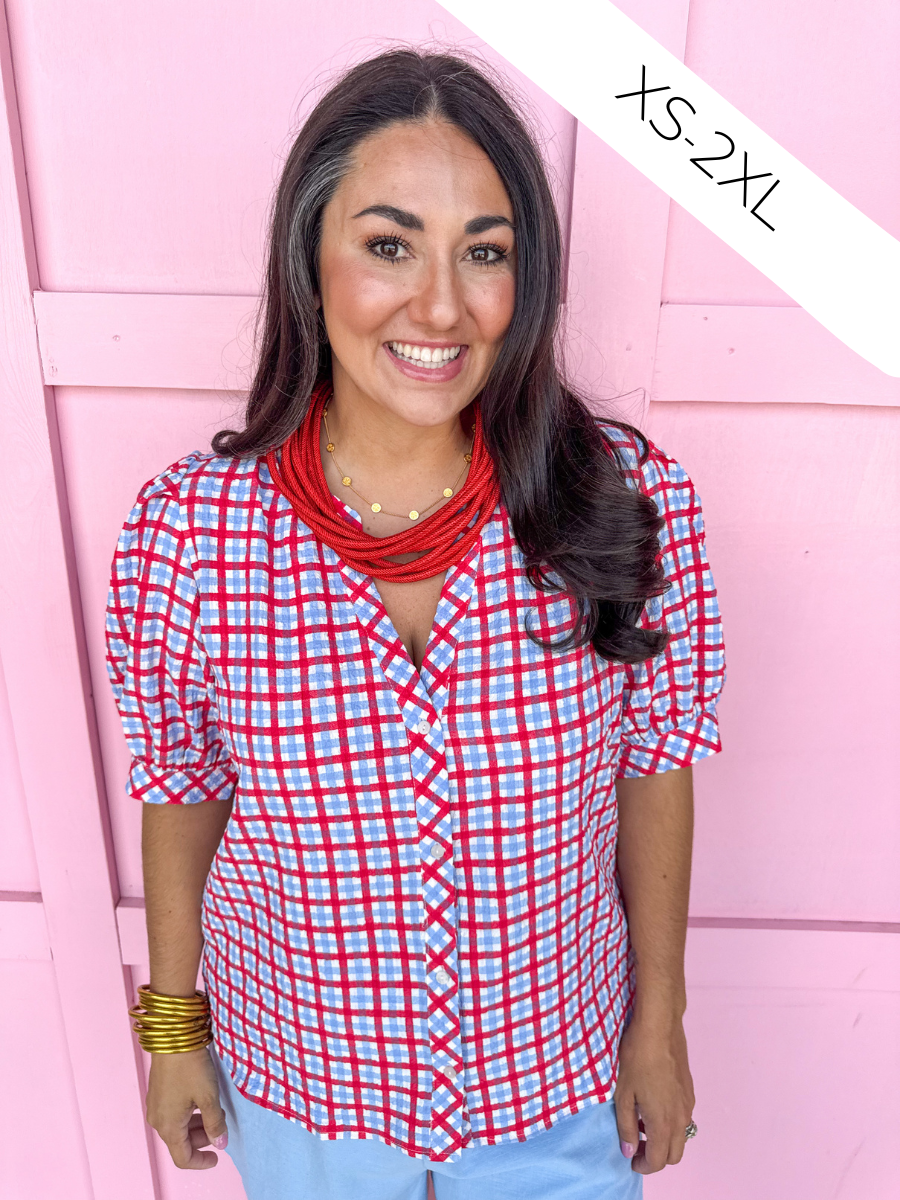 Mary Square Elaine Top Red/Blue/White Gingham button up puff sleeves womens boutique jincy's