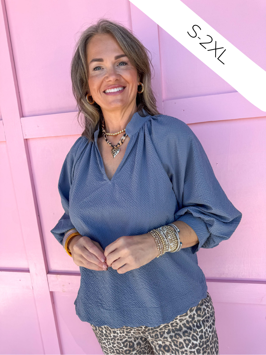 Jincy's Womens Boutique Steel Blue 3/4 sleeve crinkle top 