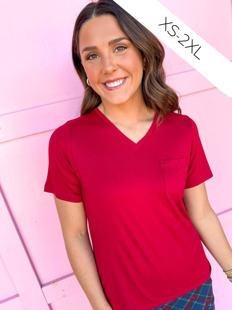 Highlands V-Neck Pocket Tee - Dark Red