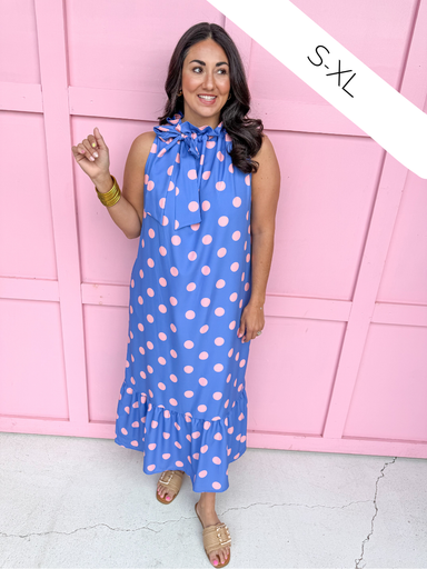 Jincy's Women's Boutique Spring Styles Blue Pink Polka Dot Maxi Midi Dress