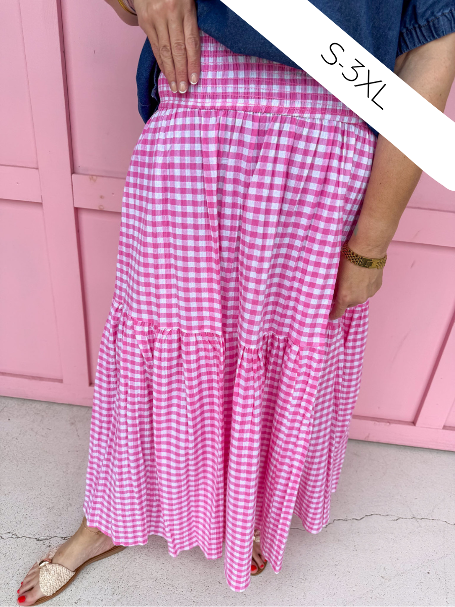 ADRIENNE | Aerin Skirt - Pink Seer Gingham