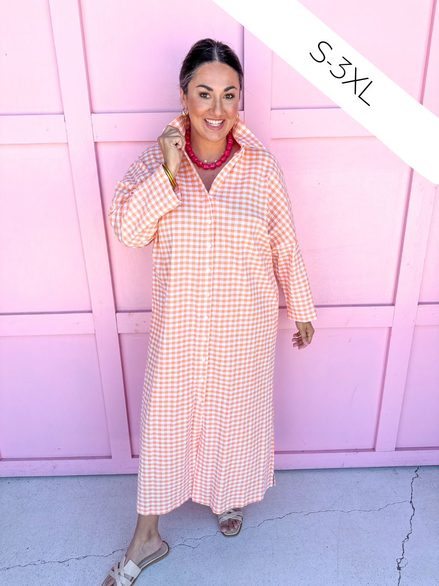 Jincy's Women's Boutique Adrienne Regan Midi Maxi Dress Orange Seer Gingham