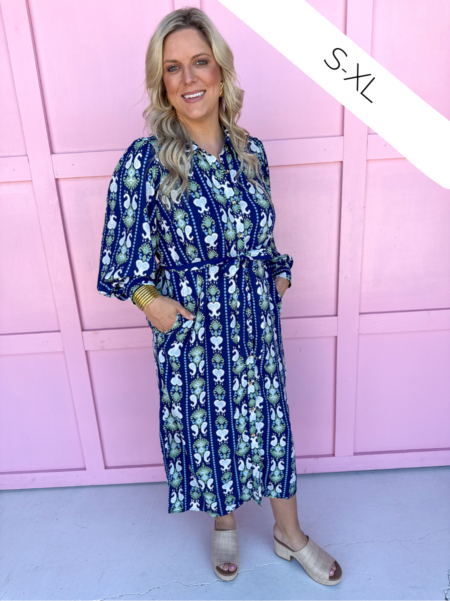 Mary Square | Ava Dress - Ikat Stripe Navy