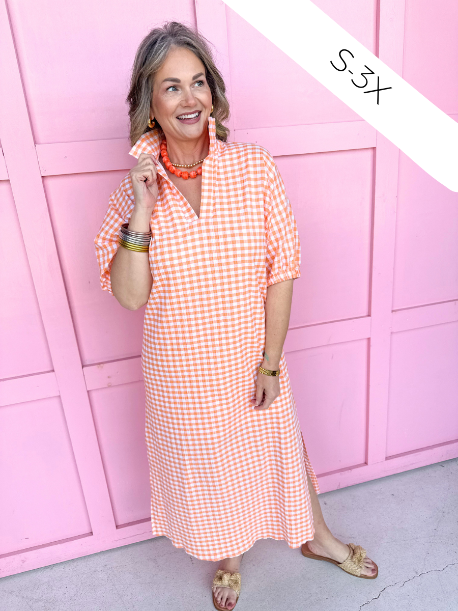 ADRIENNE | Blakely Dress - Orangesicle Seer Gingham