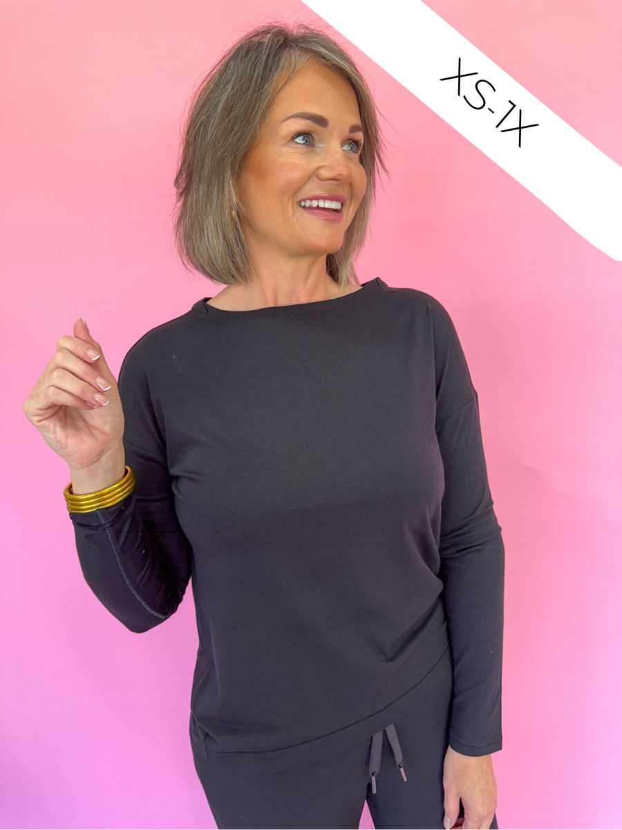 SPANX Supernatural Flow Long Sleeve Top Very Black Long Sleeve Tee Women's Lightweight On The Go Jincy's Boutique Plus Size