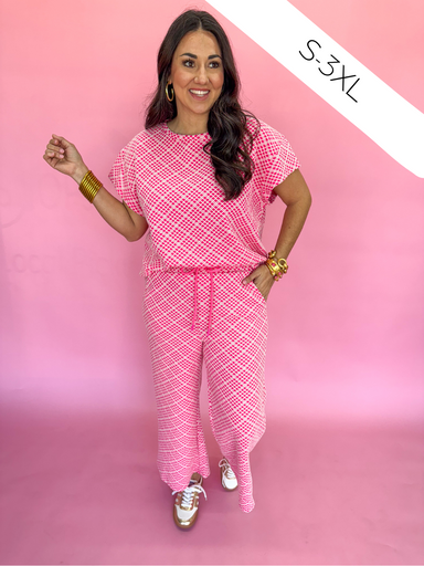 See And Be Seen T3872 Women's Set Pink Set Spring Set Work Set Short Sleeve Wide Leg Crop Length Boutique Set Geometric Hot Pink Jincy's