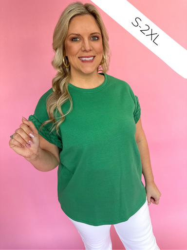 Entro T24398 Women's Top Spring Top Plus Size Kelly Green Short Sleeve Green Top Jincy's Rope Sleeve Braided Detail Boutique Top 