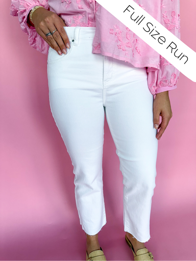 Risen RDP5507 White Women's Denim White Pants Straight Leg Crop Raw Hem White Bottoms Boutique Denim Bottoms Jincy's