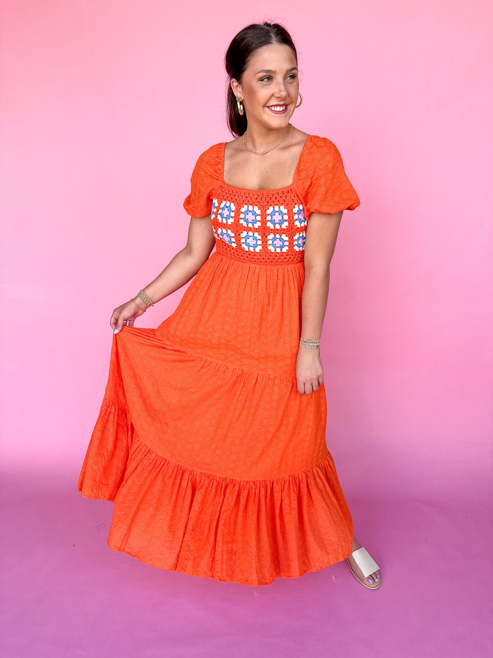 KARLIE | Crochet Trim Puff Sleeve Maxi Dress