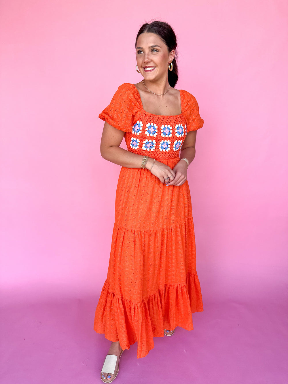 KARLIE | Crochet Trim Puff Sleeve Maxi Dress