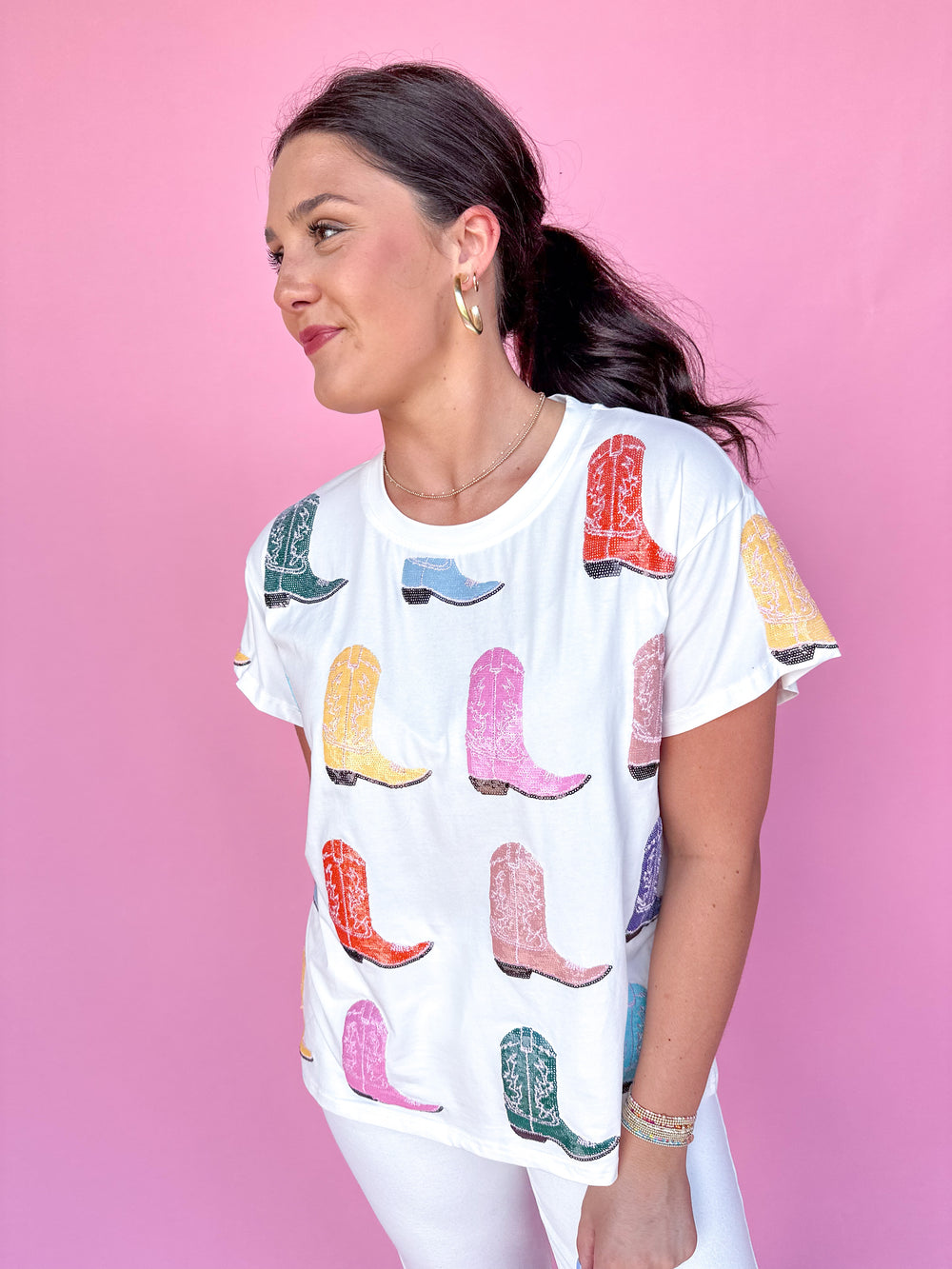 QUEEN OF SPARKLES | White Multi Cowboy Boot Tee