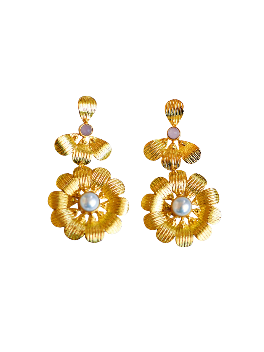 Tatum James | Farrah Floral Earrings - Pearl/Rose Glass