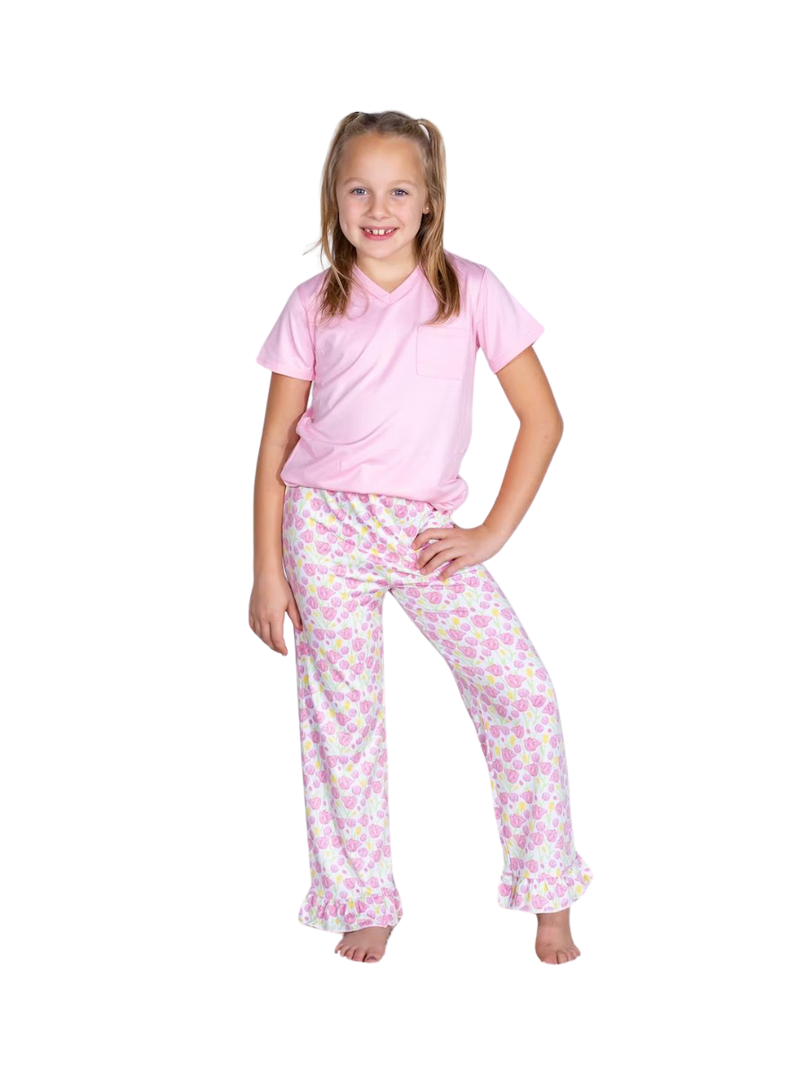 YOUTH Tulip Fields Ruffle Sleep Pants Girl's Pants Floral Flower White Elastic Waist Jincy's Gift
