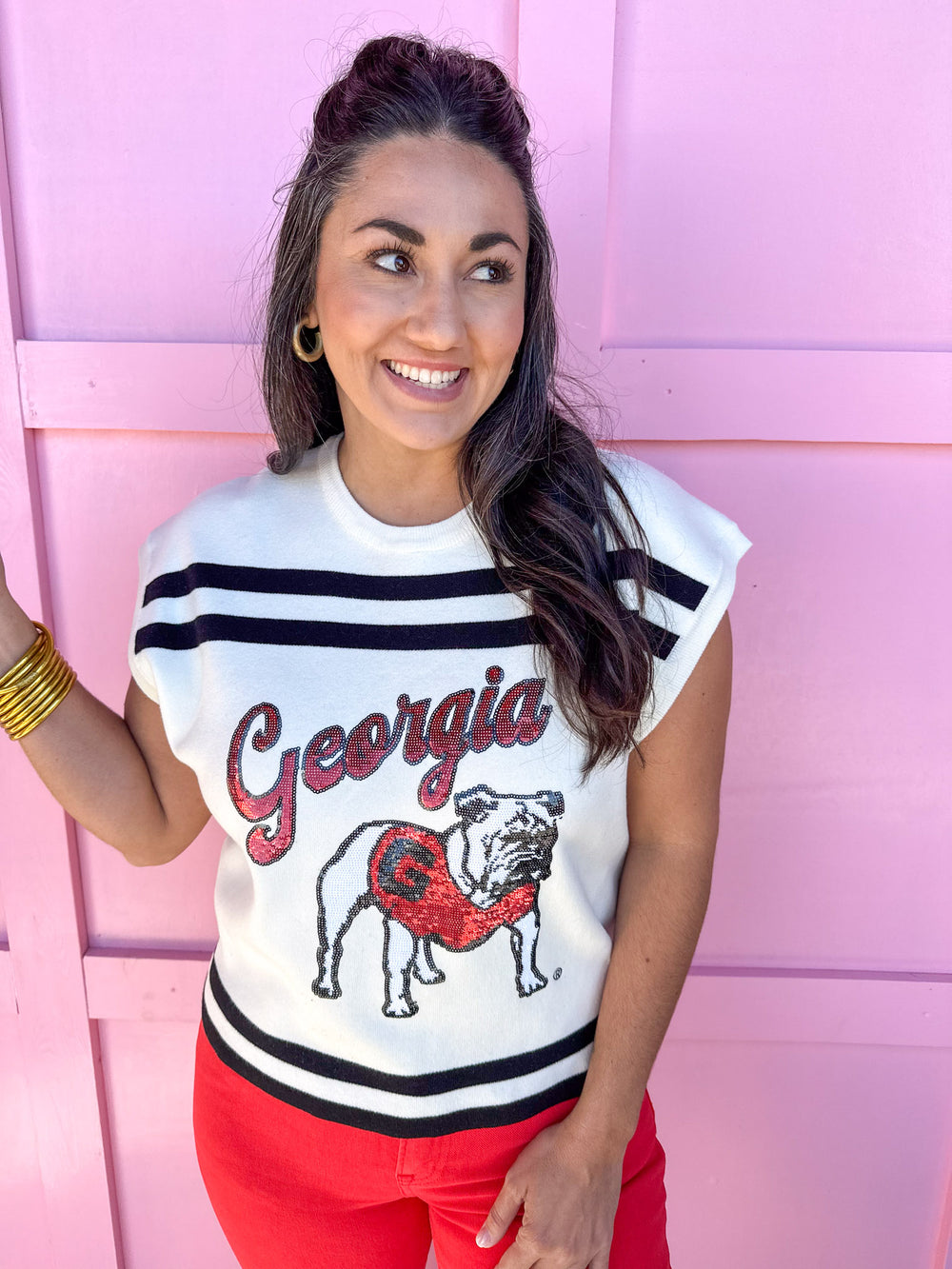 QUEEN OF SPARKLES | Licensed Stripe Georgia Bulldog Short Sleeve Top