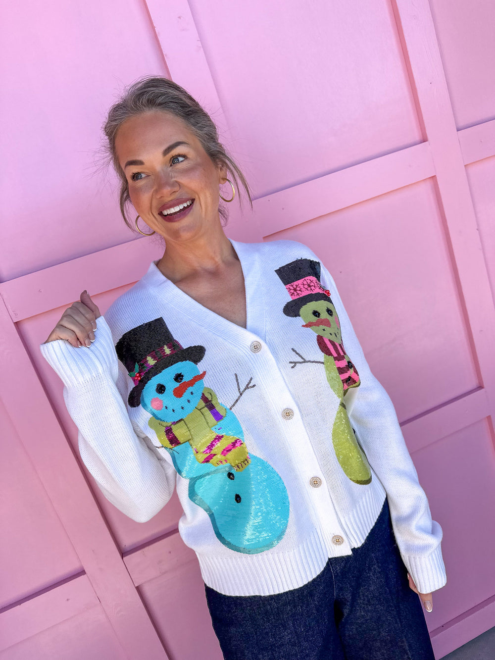 QUEEN OF SPARKLES | White Snowmen Cardigan