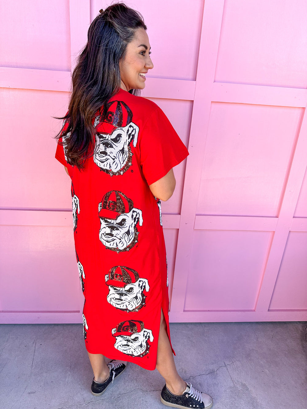 QUEEN OF SPARKLES | Licensed Red Sequin Bulldog Head Midi Tee Dress