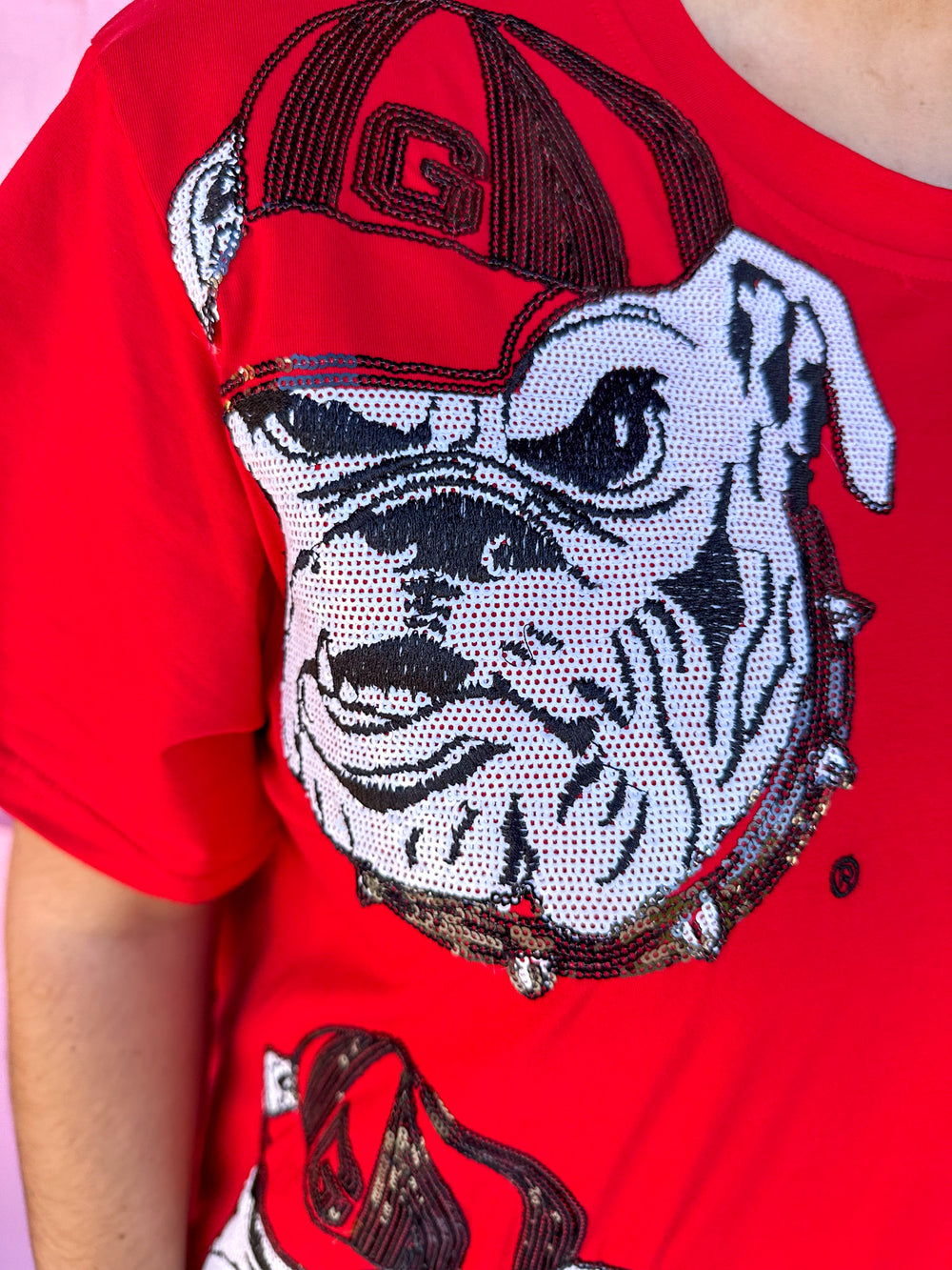 QUEEN OF SPARKLES | Licensed Red Sequin Bulldog Head Midi Tee Dress